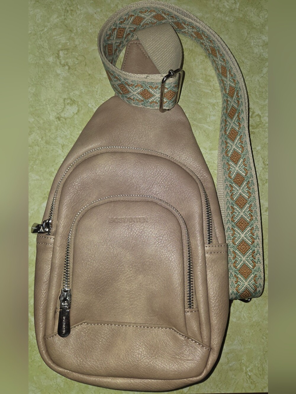 BOSTANTEN Taupe Leather Crossbody Sling Bag with Patterned Strap